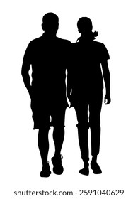 Silhouette of couple holding hands and walking. Back view. Black vector illustration isolated on white background.