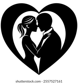 Silhouette of a couple hugging in a love shape perfect for romantic designs including wedding, anniversary, valentine themes, and graphic projects in digital formats.