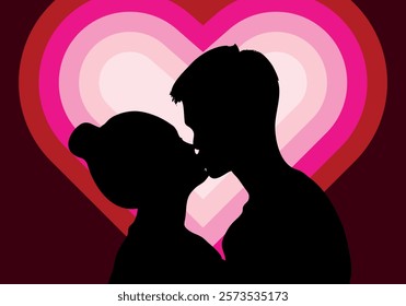 Silhouette of a couple kissing in front of a pink and red heart