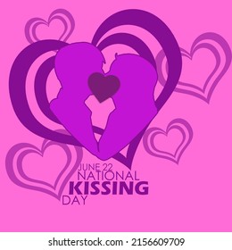 Silhouette Of A Couple Kissing With Heart Shapes And Bold Texts On Pink Background, National Kissing Day June 22