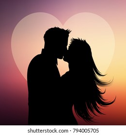 Silhouette of a couple kissing on a heart background