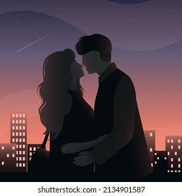 silhouette of a couple kissing on the roof of the house, silhouette of a couple in love, silhouette of people kissing	