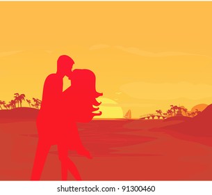 silhouette couple kissing on tropical beach