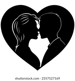 Silhouette of a couple kissing in a romantic embrace, showcasing love and affection. Perfect for romantic designs, wedding themes, Valentine’s Day, and digital artwork