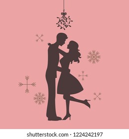 Silhouette of couple are kissing under the mistletoe. Vector illustration greeting card