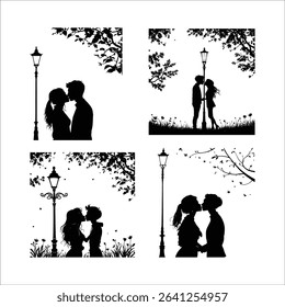 Silhouette couple kissing under street light vector illustration love romance valentine design 100c