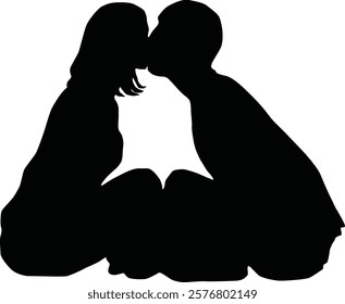 Silhouette of couple kissing while sitting vector stock illustration