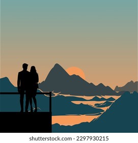 Silhouette: Couple in love with beautiful view of mountains and waters at sunset