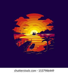 Silhouette of couple in love in a boat with red sunset and mountains on horizon line. Composition with boat, clouds, sea or lake, palms and boat docks. Vector illustration.