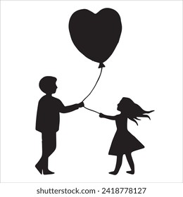 silhouette of a couple in love, a boy and a girl with a balloon heart. valentine's day, love, relationships