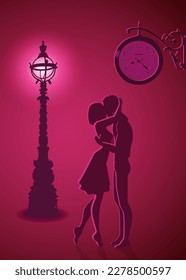 silhouette of a couple in love, a date under the clock, the light of a lantern