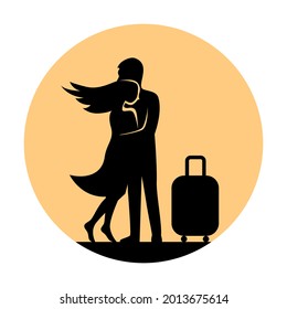 Silhouette of a couple in love in an embrace. Young man with a suitcase and a girl are hugging. Return or goodbye concept. Vector illustration