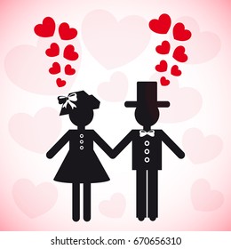 Silhouette couple in love from girl and guy on the background of beautiful hearts