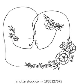 silhouette of a couple in love a girl and a man with one contour and flowers