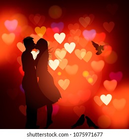 Silhouette of a couple in love kissing against a hearts blurred background, vector illustration.