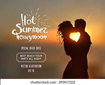 Silhouette of a couple in love kissing against a sunset sky blurred background. Realistic vector illustration. Couple silhouette eps.