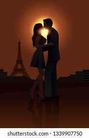 Silhouette Couple love kissing in Paris sunrise graphic vector