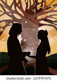Silhouette of a couple in love on the background of a magical tree and nature.