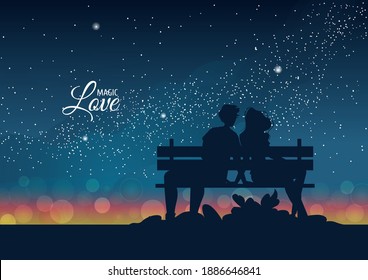 Silhouette of couple in love on the bench at night. Stars and city lights on the horizon. Happy Valentine's day, Romantic, Love concept. Vector illustration for card, poster, postcard.