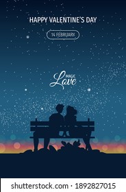 Silhouette of couple in love on the bench at night. Stars and city lights on the horizon. Happy Valentine's day, Romantic, Love concept. A4 vector illustration for card, poster, postcard.