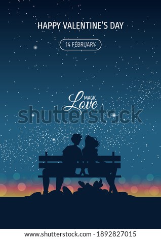 Silhouette of couple in love on the bench at night. Stars and city lights on the horizon. Happy Valentine's day, Romantic, Love concept. A4 vector illustration for card, poster, postcard.