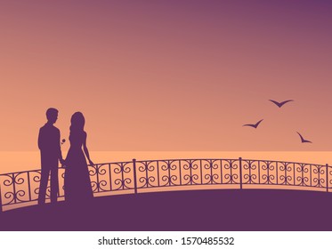 Silhouette of a couple in love on the promenade with patterned railing. Evening, calm sea and seagulls. Romantic vector illustration.