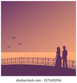 Silhouette of a couple in love on the promenade with patterned railing. Evening, calm sea and seagulls. Romantic vector illustration.