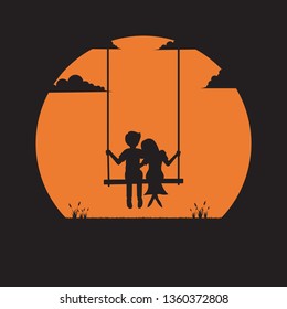 Silhouette couple with love on sunset background, Couple sitting on swing, Concept love of people. Valentine Day. Vector illustration flat