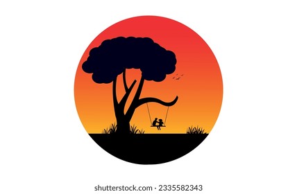 Silhouette couple with love on sunset background, Couple sitting on swing, Concept love of people. Valentine Day. Vector illustration flat