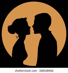 silhouette of a couple in love on a yellow background