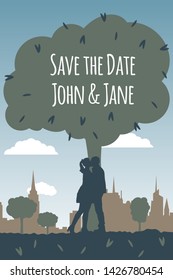 Silhouette of a couple in love standing under a tree on background urban landscape, sky and clouds. Wedding vector outdoor invite invitation thank you, rsvp card. Cartoon template, romantic layout.