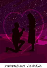 Silhouette of a couple in love where a man proposes to a woman against the backdrop of a heart and a landscape with stars and mountains.