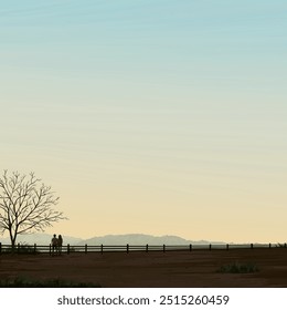 Silhouette couple of lover at cliff of countryside landscape in autumn season have mountain ranges with vanilla sky square background graphic illustration.