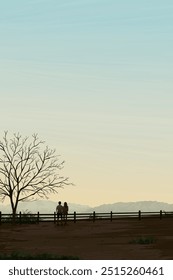 Silhouette couple of lover at cliff of countryside landscape in autumn season have mountain ranges with vanilla sky vertical background graphic illustration.