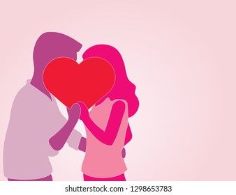 Silhouette Couple Lovers kissing behind heart sign, Romantic Love Pink Color Silhouettes Dating - Flat  Design Vector Illustration