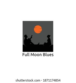Silhouette Couple Lovers  Sitting Together Singing and Playing Guitar Under the Full Moon in The Sky