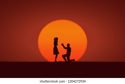 Silhouette couple man down on one knee proposing to woman under sunset sky background