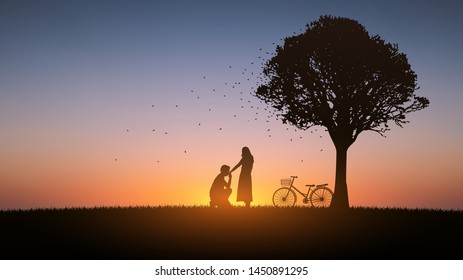 silhouette couple man down on knee and kissing woman hand under trees with sunset sky background
