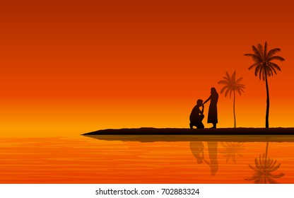 Silhouette couple man down on one knee proposing to woman on beach under sunset sky background