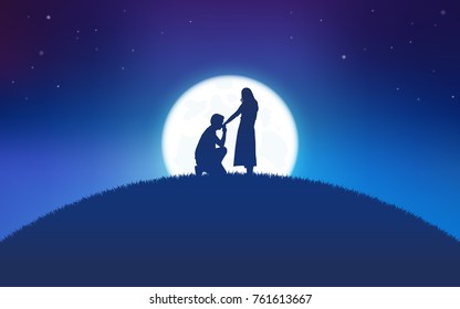 Silhouette couple man down on one knee proposing to woman under moon shine at night background