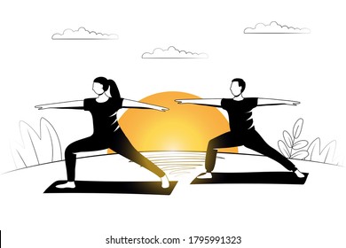 Silhouette of a couple man and woman exercising sports on the background of the sunrise vector illustration concept