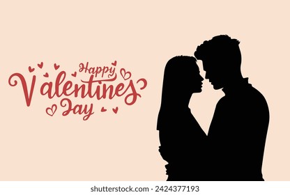 Silhouette of couple man and woman, Happy Valentines Day lettering calligraphy, Vector illustration