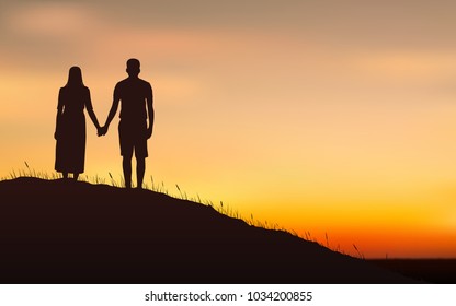 Silhouette couple man and woman holding hand together on hill under sunset sky background