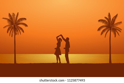 Silhouette couple man and woman holding hand dancing together on beach under sunset sky background