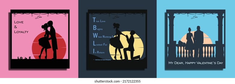 Silhouette couple of man and woman holding hands and kissing together under day and night sky on sun and moon background. silhouette art of man proposing to woman, man on his knee.