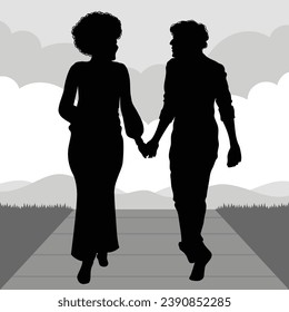 Silhouette couple man and woman holding hand together. couple silhouette. Vector silhouette of couple on background. black silhouette couple isolated on background. vector illustration.