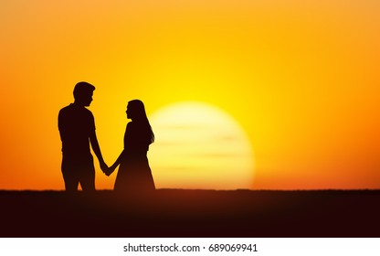 Silhouette couple man and woman holding hand walking together under sunset sky background