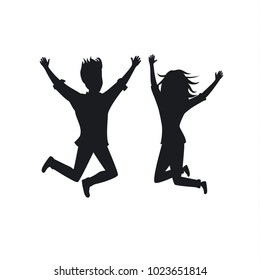 silhouette of couple man and woman jumping for joy