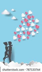 Silhouette couple man and woman kissing together with white, pink balloons. blue color sky background in paper art style. Vector illustrator. EPS 10