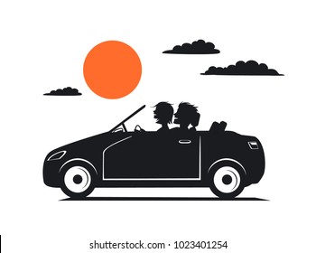 silhouette of couple, man and woman in love on the roadtrip drivig a car 